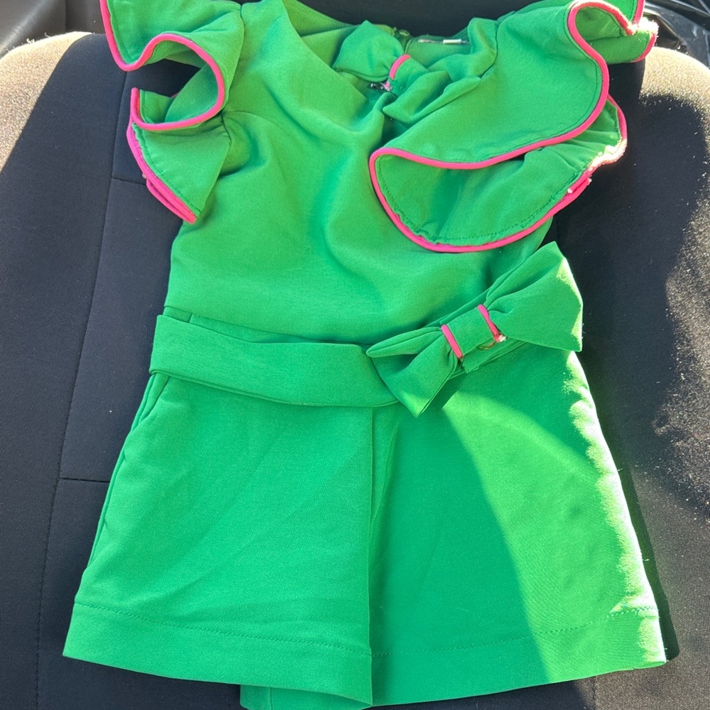 GB Girl Green Ruffle Romper with Pink Trim
